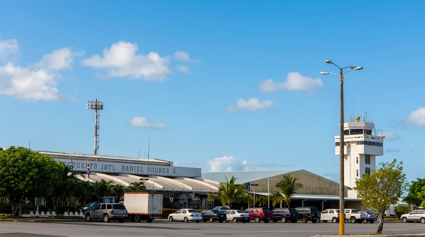 Daniel Oduber Quirós International Airport terminal and control tower in Liberia, Guanacaste, under a blue sky