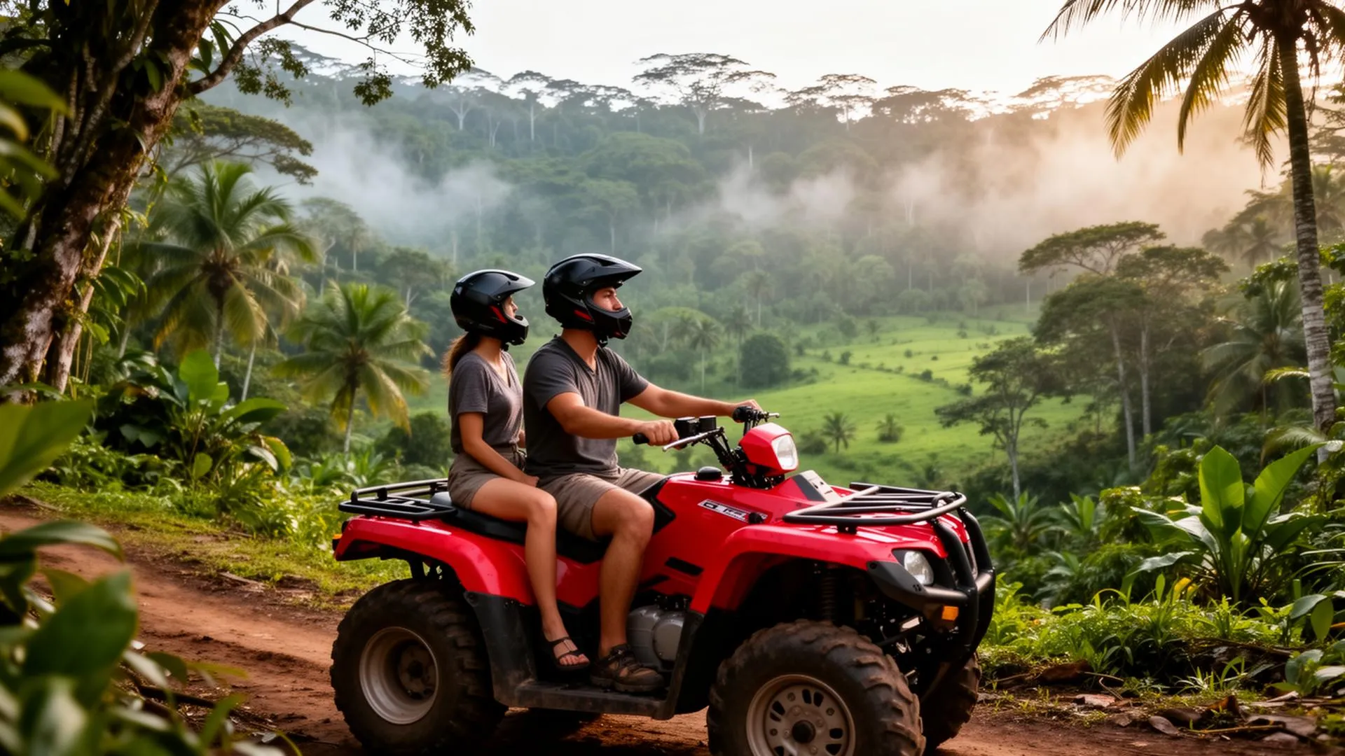 Couple riding an ATV through a Costa Rica jungle trail