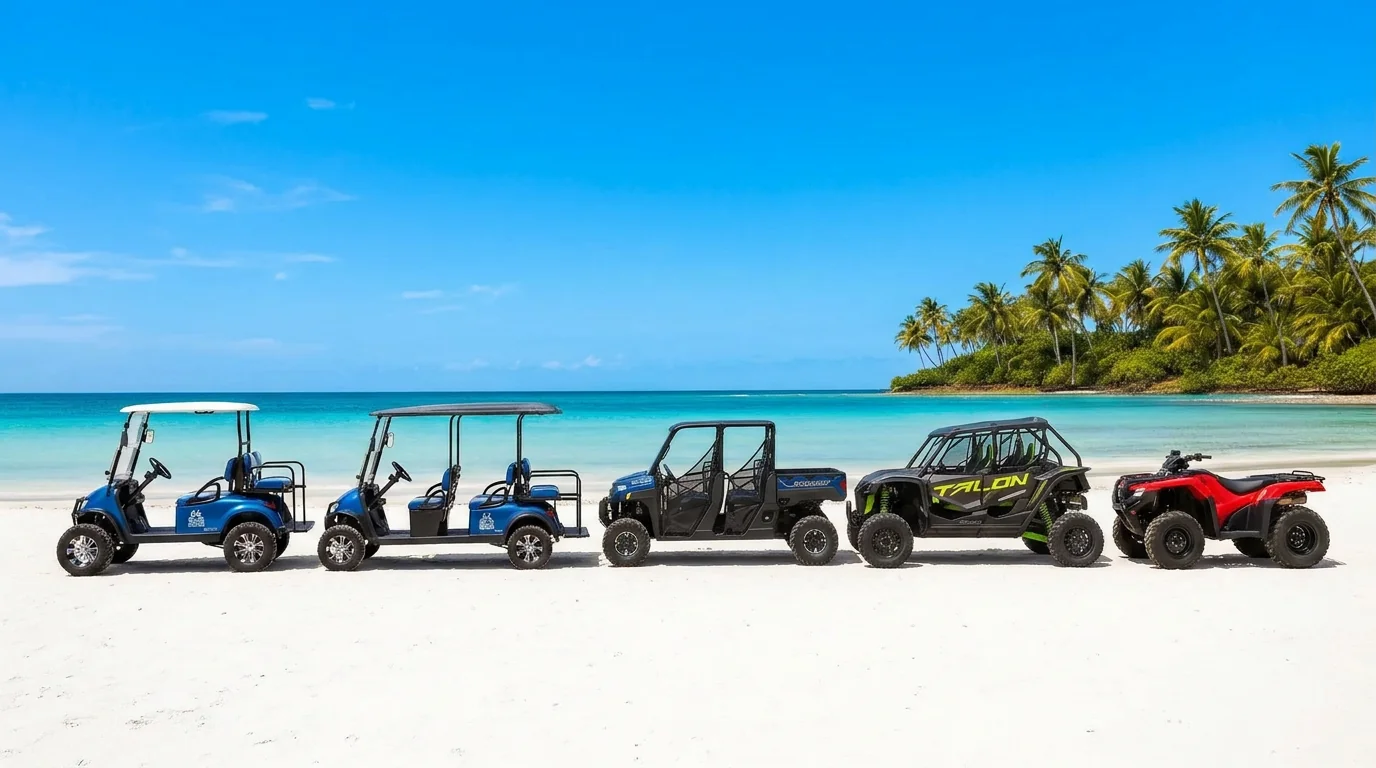 Two blue golf carts, a Polaris Ranger, a Honda Talon and a red ATV lined up beside the ocean and palms under a sunny blue sky