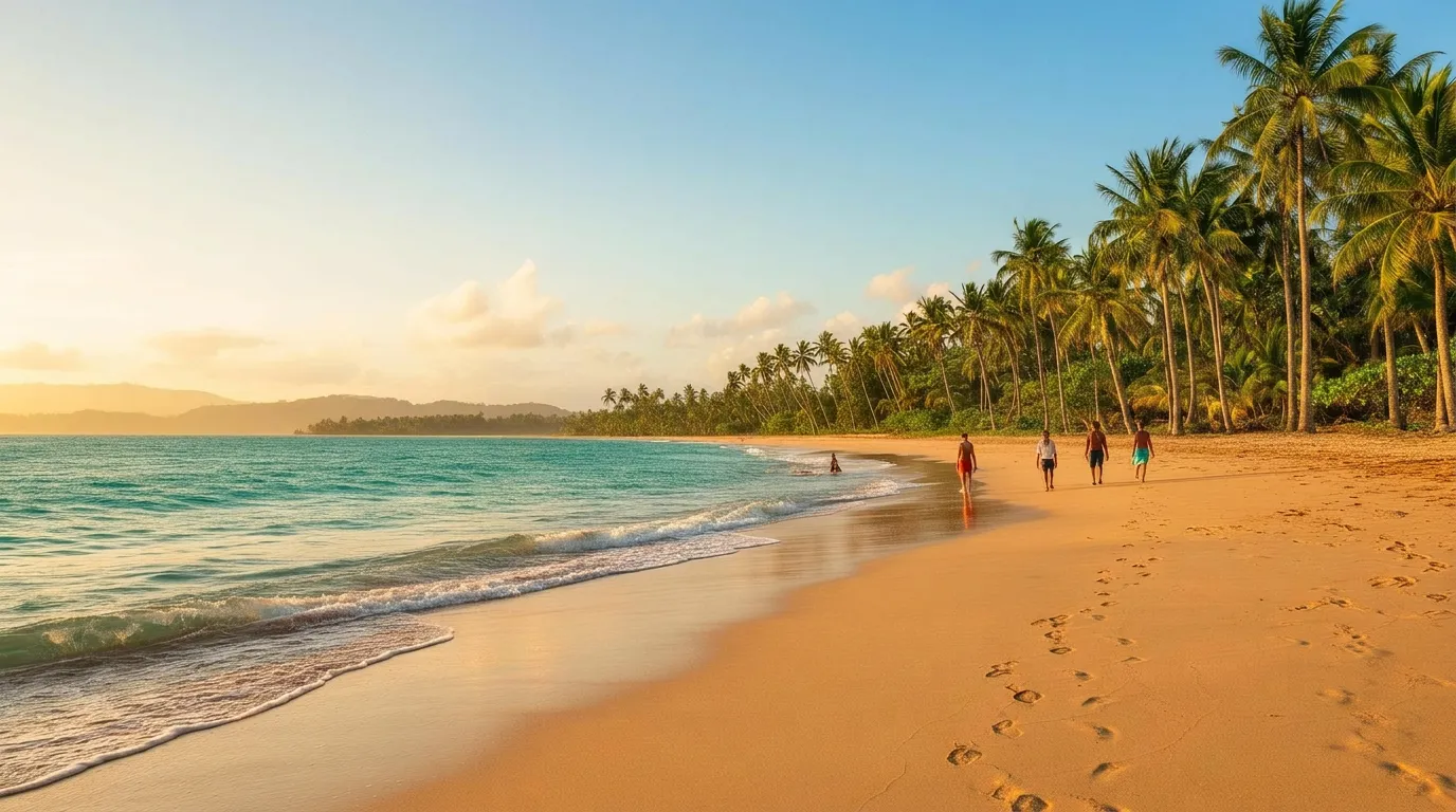 Aerial drone view of a Guanacaste beach with palm trees and turquoise water