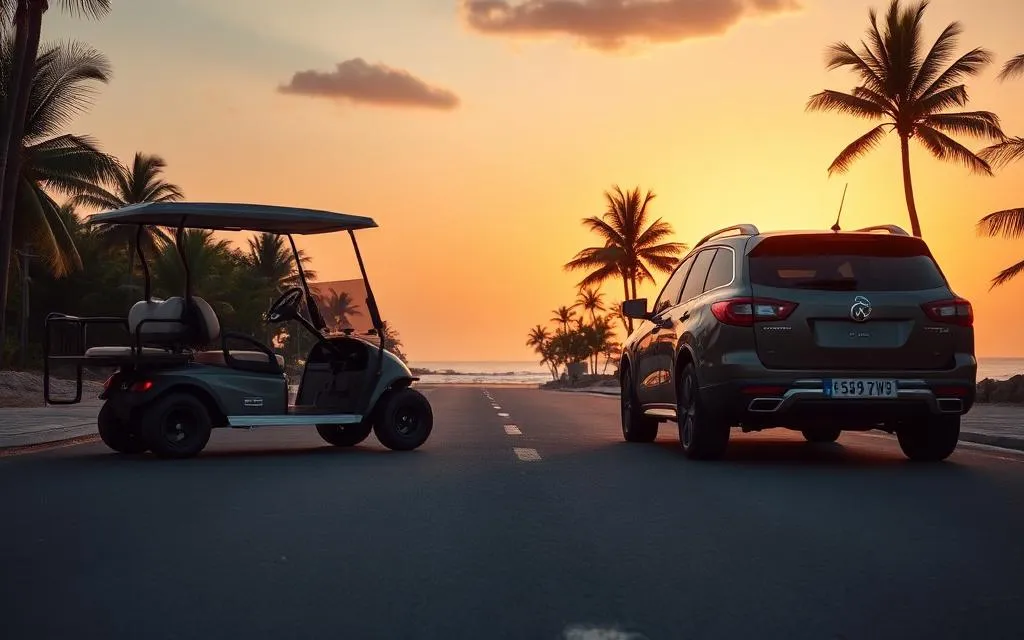 Golf cart and rental SUV side by side in Tamarindo
