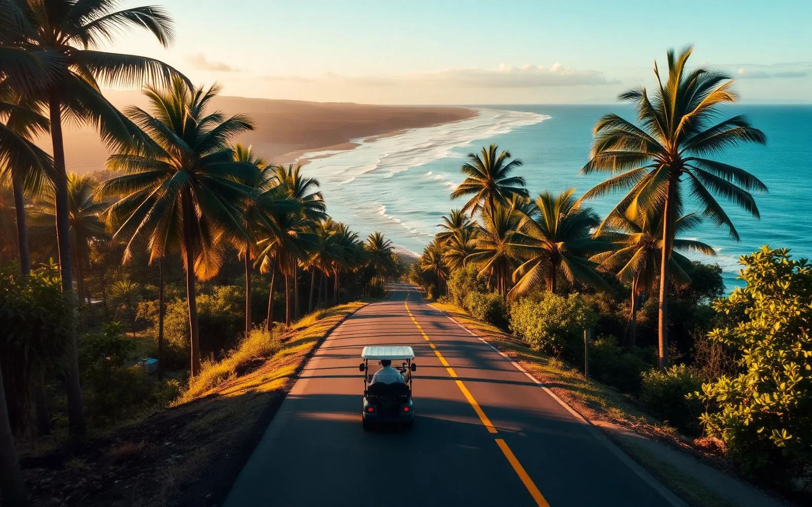 Aerial view of a coastal Tamarindo road with a golf cart driving past palm trees and the Pacific Ocean