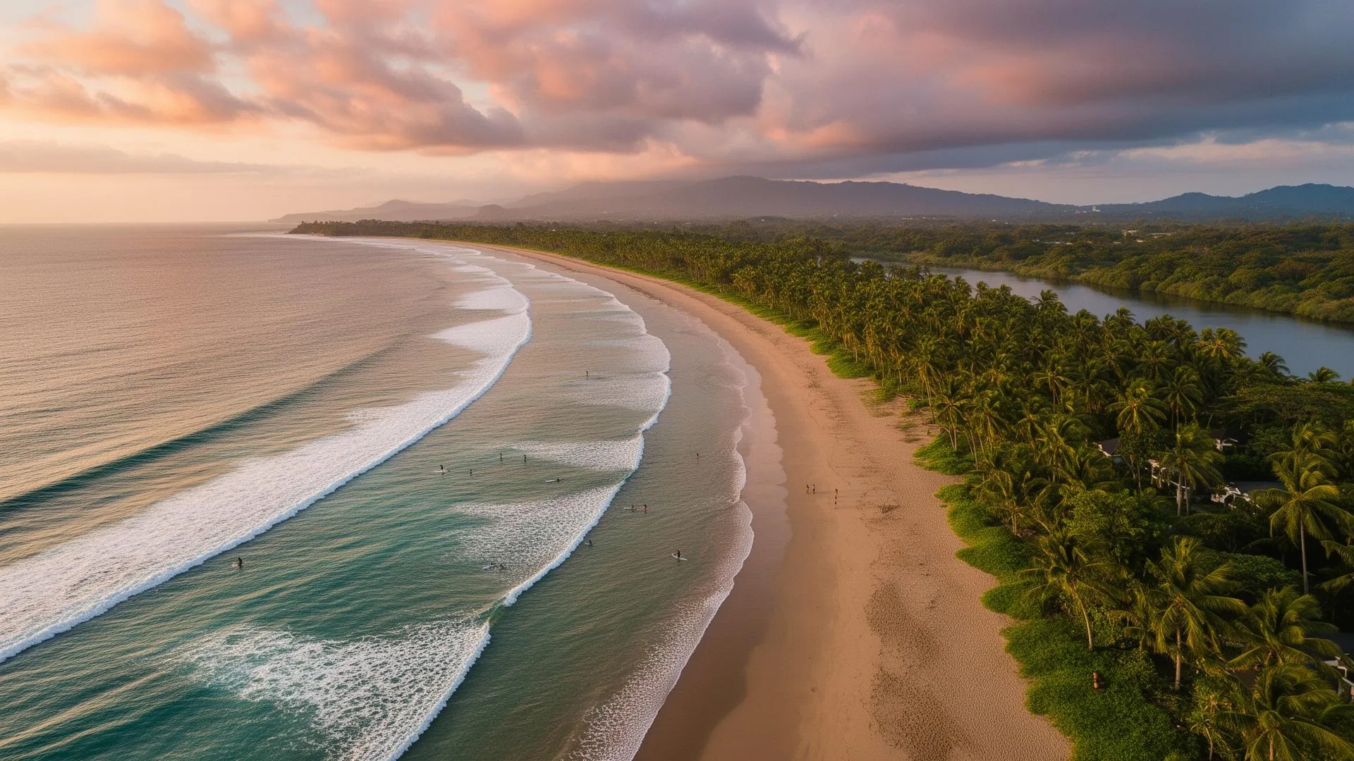 Aerial view of Playa Tamarindo bay at golden hour