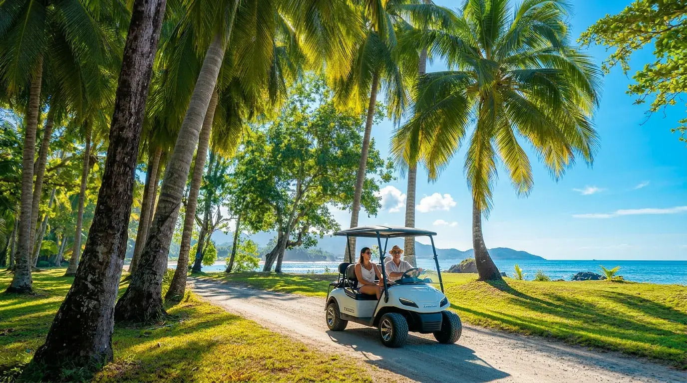 Premium golf cart on a Guanacaste coastal road at golden hour