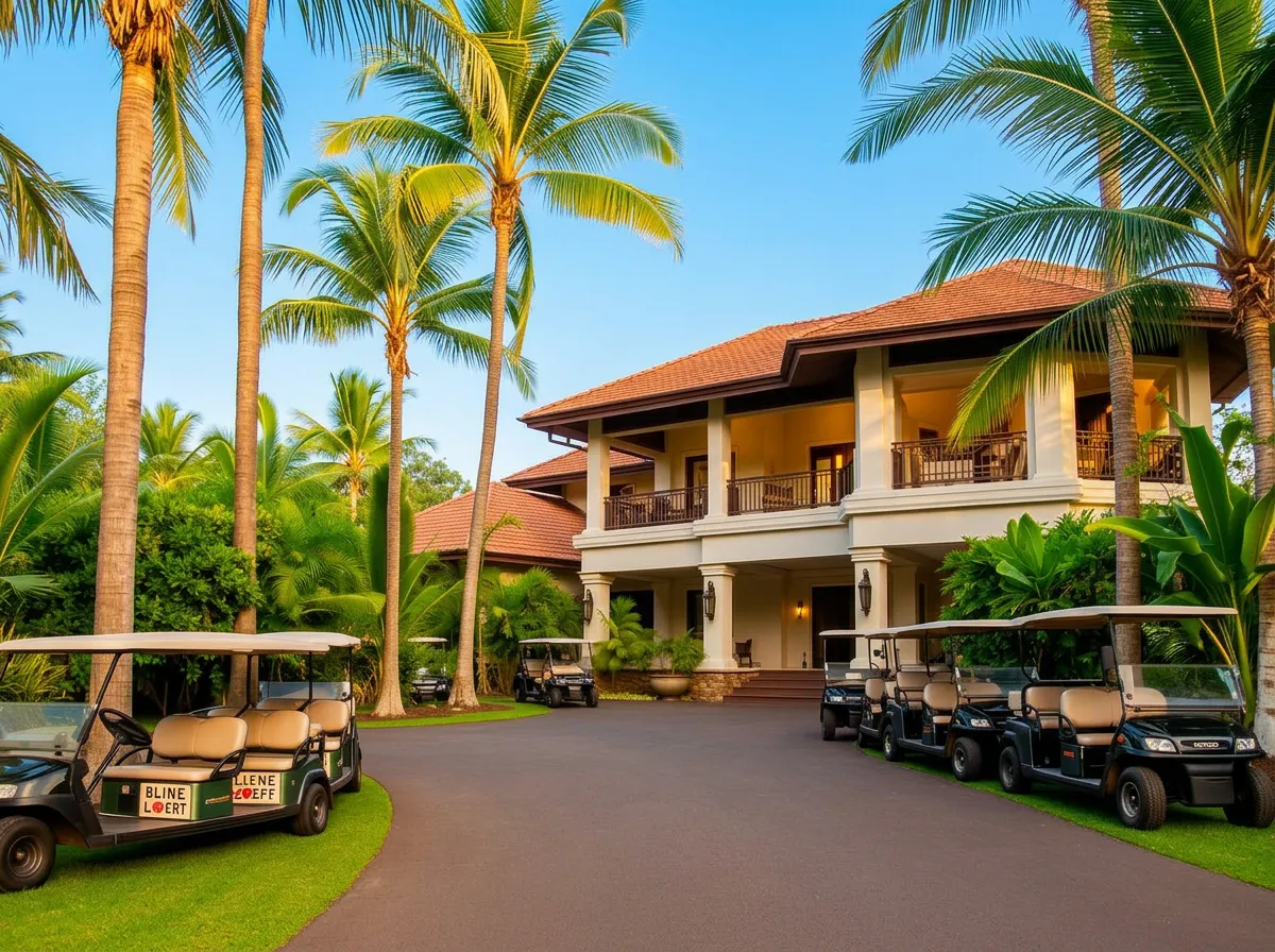 Luxury villa with a fleet of golf carts ready for guests