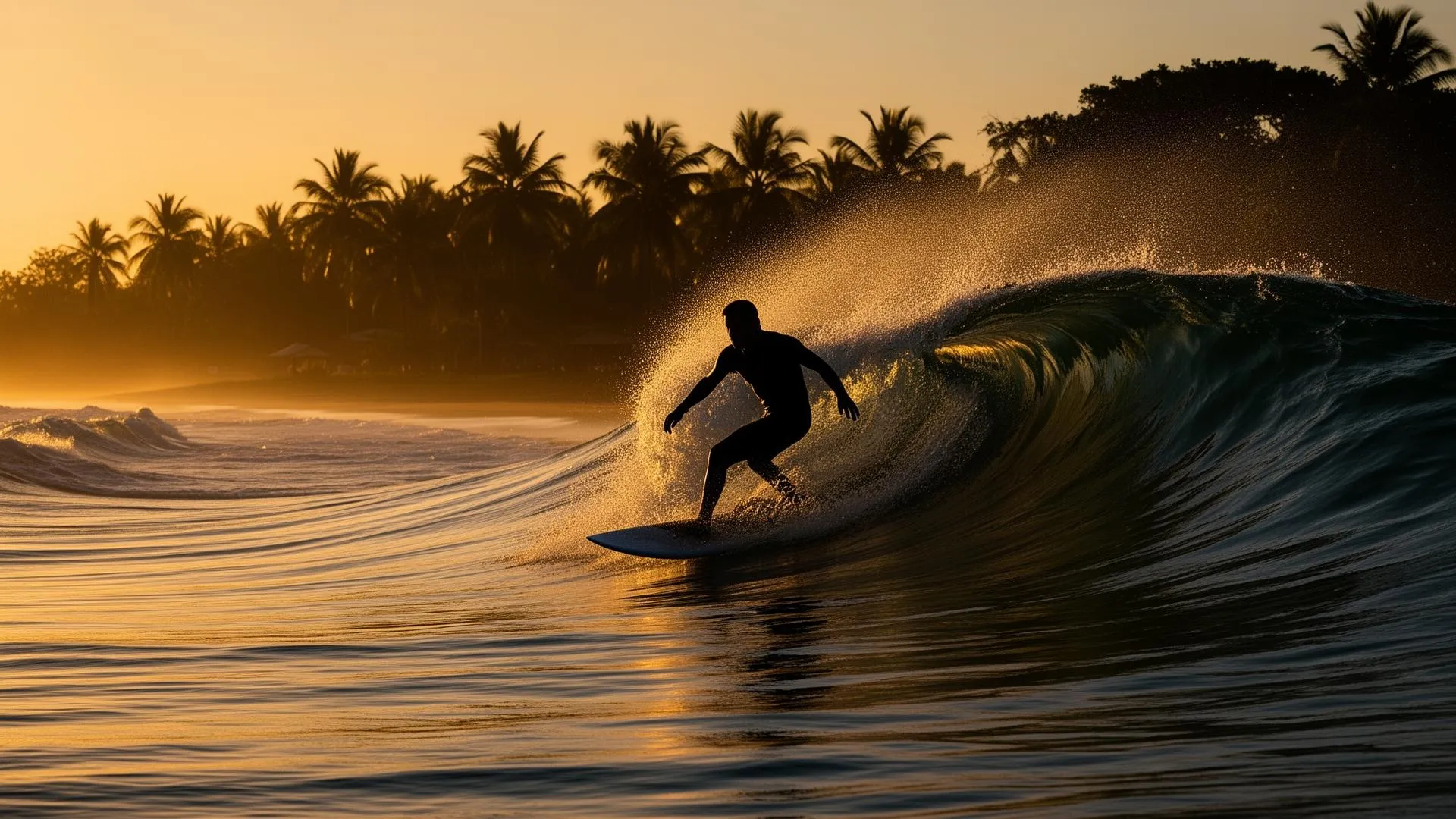 Surfer carving a wave at sunset in Tamarindo, Costa Rica